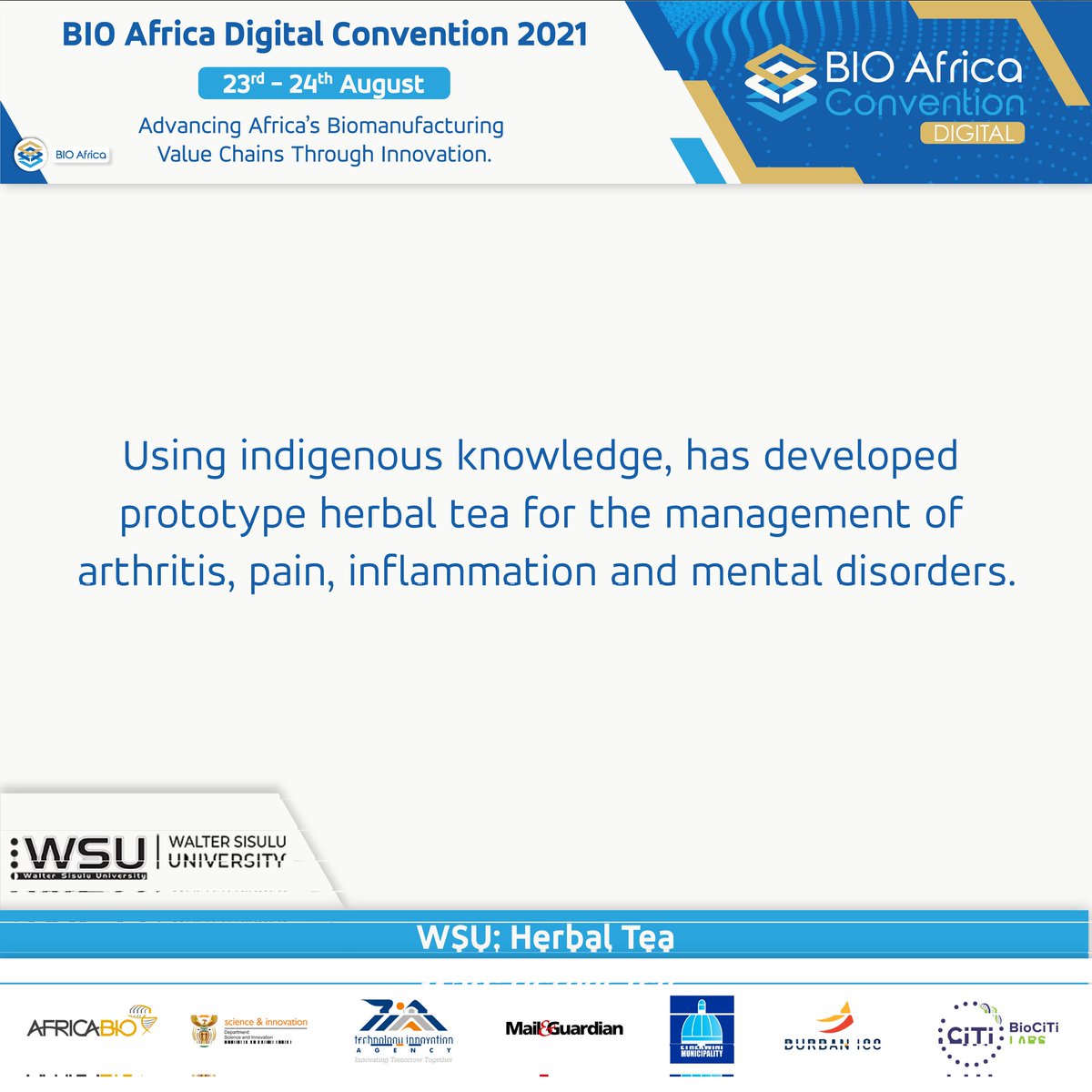 BioAfricaCON's tweet photo. Get to know our #LocalBiotech companies doing it big in the Biomanufacturing space!
Let’s unite in Advancing Africa’s Biomanufacturing Value Chains.
Join us at the #BIOAfrica2021 Digital Convention.
#BIOAfrica2021 || #WSU #herbaltea #Biotechnology #Bioeconomy https://t.co/o8eW3lZTg8
