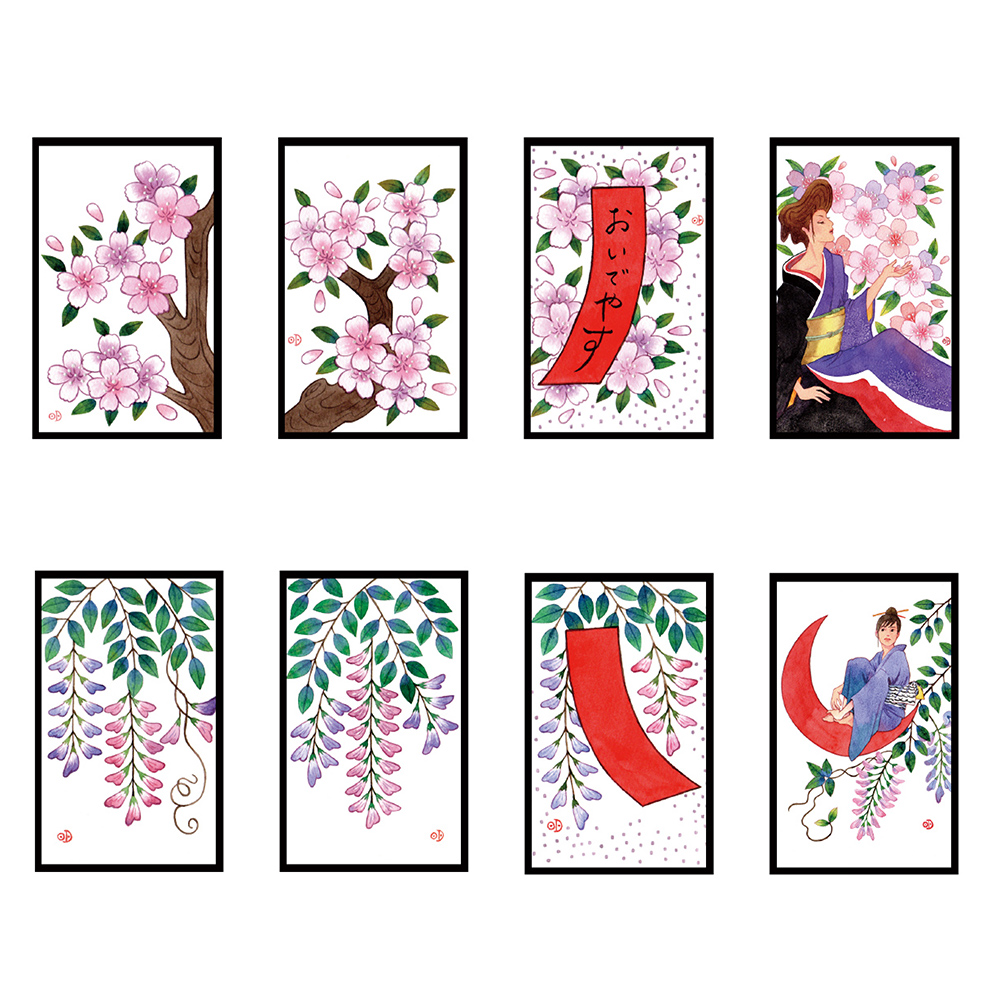 Akiko Takemoto 図案を描き終えたので 月毎にまとめてみます 3月 梅 4月 藤 赤い短冊には おおさか言葉 船場言葉 おいでやす を書きました ウォーターフォード ウィンザーアンドニュートン 水彩 美人花札 花札 3月4月の8枚 桜 藤