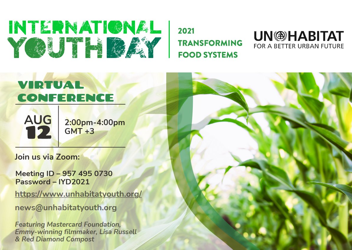 Registration for the International Youth Day 2021 is now open! Register in the link below to be a part of #IYD2021 commemoration this Thursday, Aug 12, from 2.00 - 4.00PM EAT.
-bit.ly/3lPNq8i

#FoodSystems #YouthDay #GlobalSystems