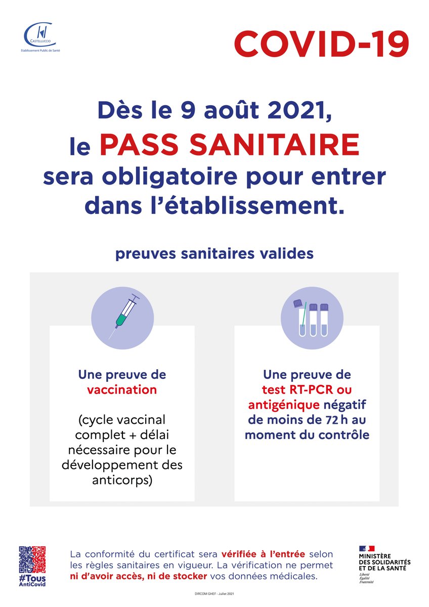 #Covid_19 Avec l’entrée en vigueur dès le 9 août du #PassSanitaire ,les règles d’accès au <a href="/CHCastelluccio/">Centre Hospitalier de Castelluccio</a> pour les patients et visiteurs changent ⤵️⤵️⤵️