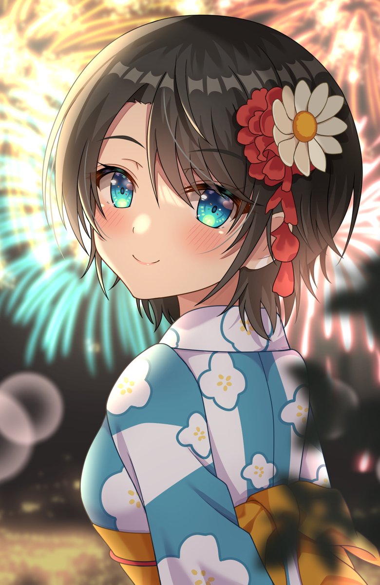 oozora subaru 1girl japanese clothes solo kimono fireworks short hair hair ornament  illustration images