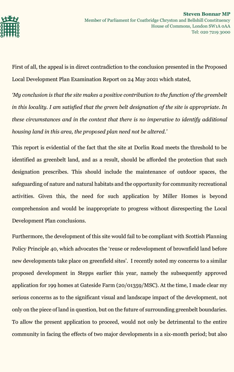 StevenBonnarSNP's tweet image. Representing the views of our communities and protecting greenbelt sites should be the utmost priority of any elected member. 

See below my formal representation against the proposed housing development on Dorlin Road in Cardowan, Stepps.