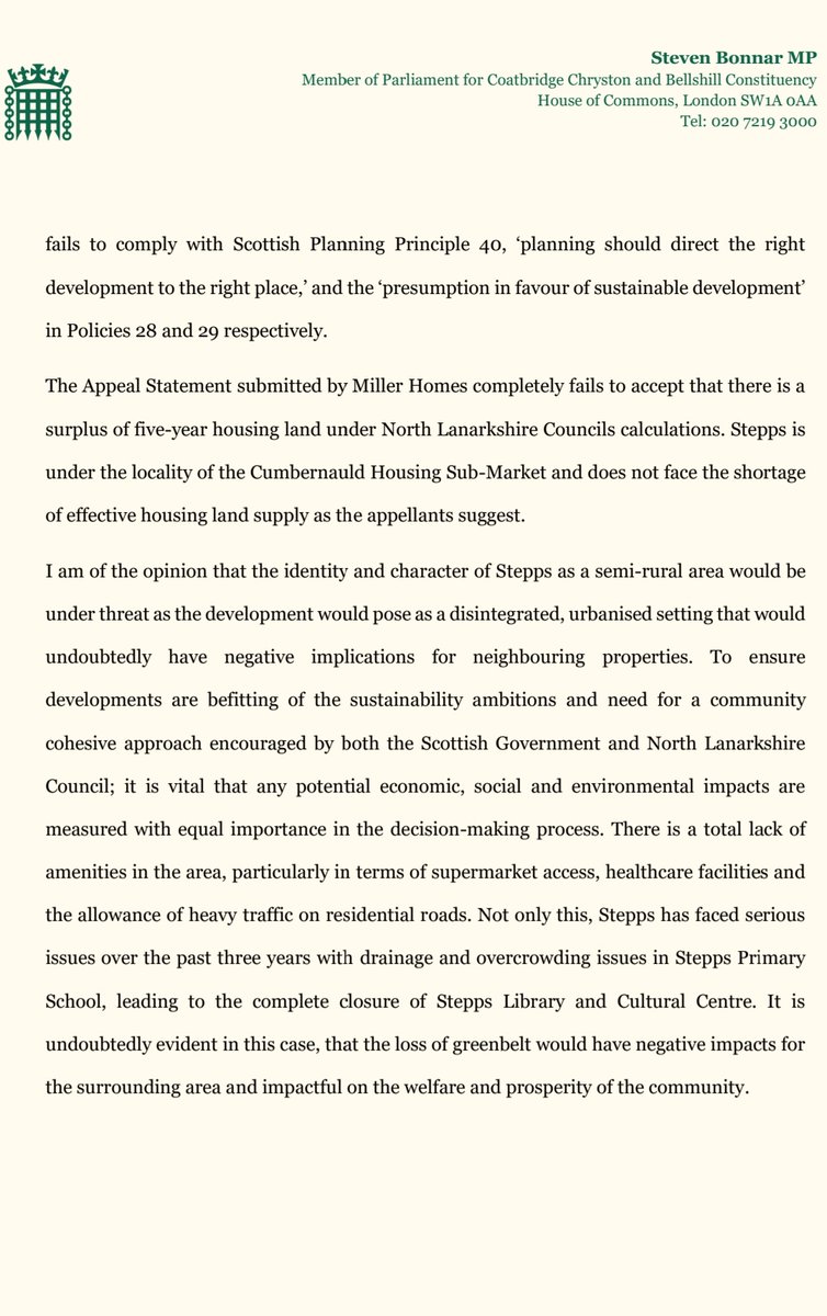 StevenBonnarSNP's tweet image. Representing the views of our communities and protecting greenbelt sites should be the utmost priority of any elected member. 

See below my formal representation against the proposed housing development on Dorlin Road in Cardowan, Stepps.