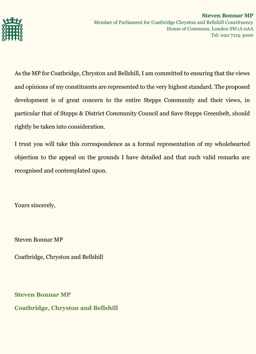 StevenBonnarSNP's tweet image. Representing the views of our communities and protecting greenbelt sites should be the utmost priority of any elected member. 

See below my formal representation against the proposed housing development on Dorlin Road in Cardowan, Stepps.