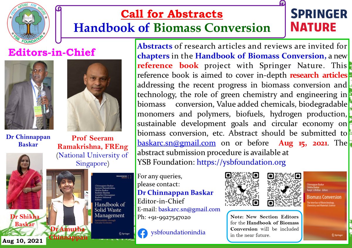 baskarchin's tweet image. Abstracts of research articles and reviews are invited for chapters in the Handbook of Biomass Conversion, a new reference book project with Springer Nature. Read more:
ysbfoundation.org/call-for-abstr…
ysbfoundation.org/blog/
#biomass #biomassconversion #biopolymers #finechemicals