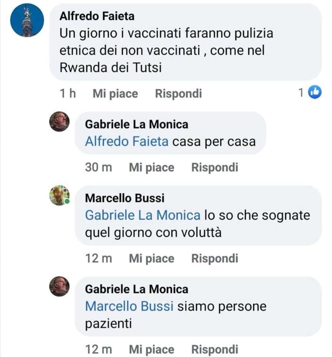 martinacarletti's tweet photo. Pulizia etnica sui non vaccinati.
Siamo arrivati a questo.
Lascio i nomi ben visibili, affinché ciascuno si prenda le sue responsabilità: Alfredo Faieta é un giornalista, scrive su Il Domani, giornale de sinistra. https://t.co/uTOSCyy2Sd