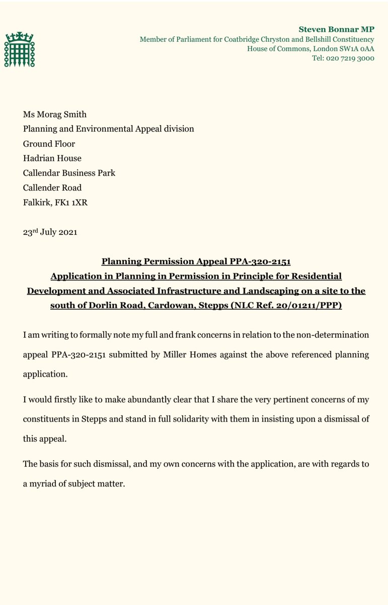 StevenBonnarSNP's tweet image. Representing the views of our communities and protecting greenbelt sites should be the utmost priority of any elected member. 

See below my formal representation against the proposed housing development on Dorlin Road in Cardowan, Stepps.