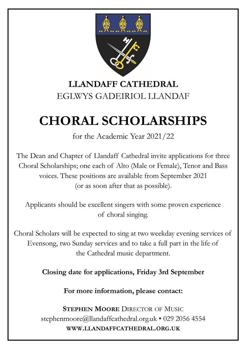 On #alevelresults2021 day we are renewing our search for Choral Scholars <a href="/LlandaffCath/">Llandaff Cathedral 🏴󠁧󠁢󠁷󠁬󠁳󠁿</a> for the new academic year. Closing date Friday 3rd September. 

Details available from the Cathedral website. 

<a href="/cardiffunimusic/">Cardiff University School of Music</a> <a href="/cardiffuni/">Cardiff University</a> <a href="/RWCMD/">Royal Welsh College of Music & Drama</a>  <a href="/_cathedralmusic/">Cathedral Music Trust</a> <a href="/CSAChoir/">CSA Choir Schools</a> <a href="/ChurchinWales/">The Church in Wales | Yr Eglwys yng Nghymru</a>