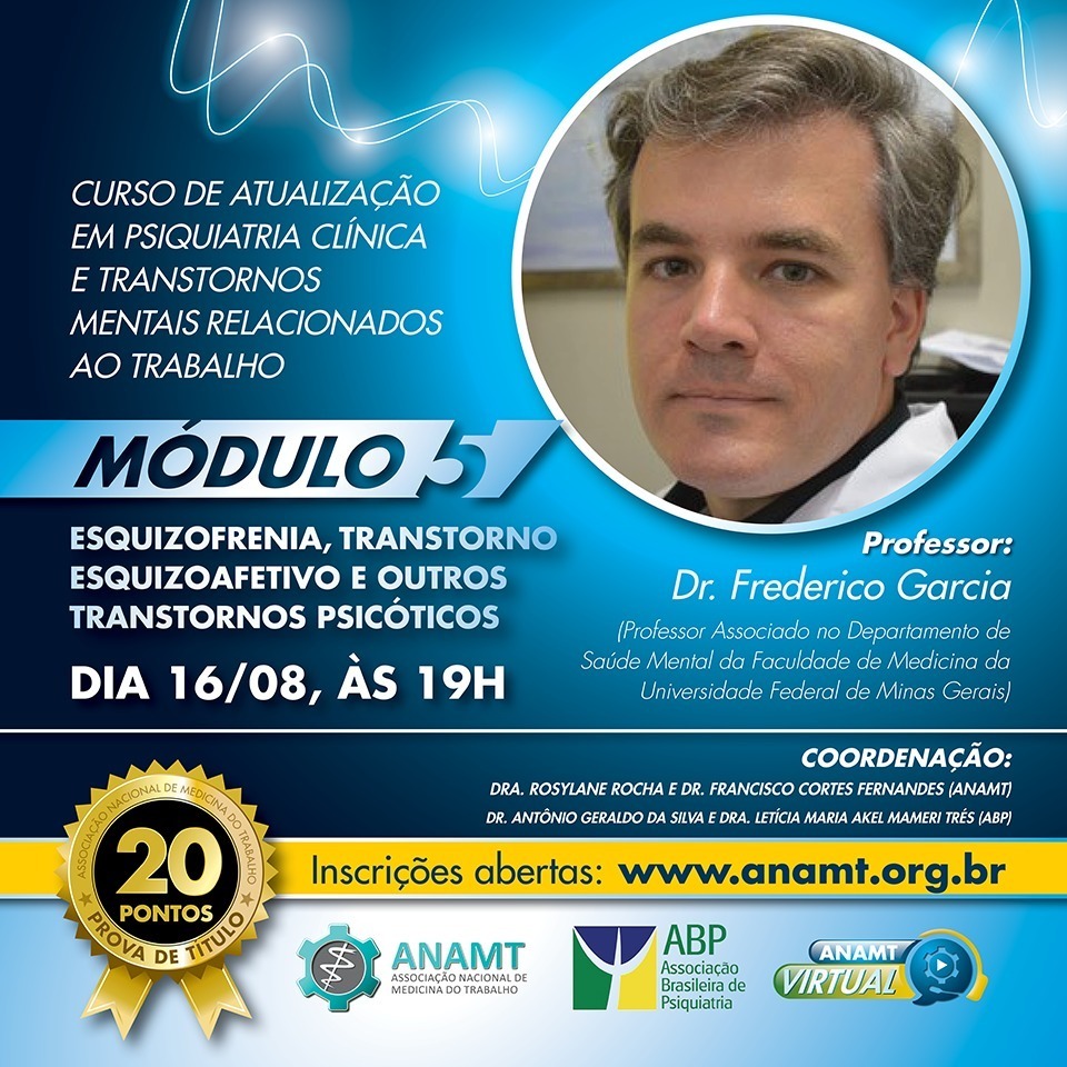 abpsiquiatria's tweet photo. Na próxima segunda-feira, 16/05 às 19h, o Dr Frederico Garcia comandará o 5º Módulo do Curso de Atualização em Psiquiatria Clínica e Transtornos Mentais Relacionados ao Trabalho.

Para mais informações e Inscrição, acesse:
📲https://t.co/s5ReI5n3aR

#ABP #Psiquiatria #ANAMT https://t.co/nWqtWQvJce