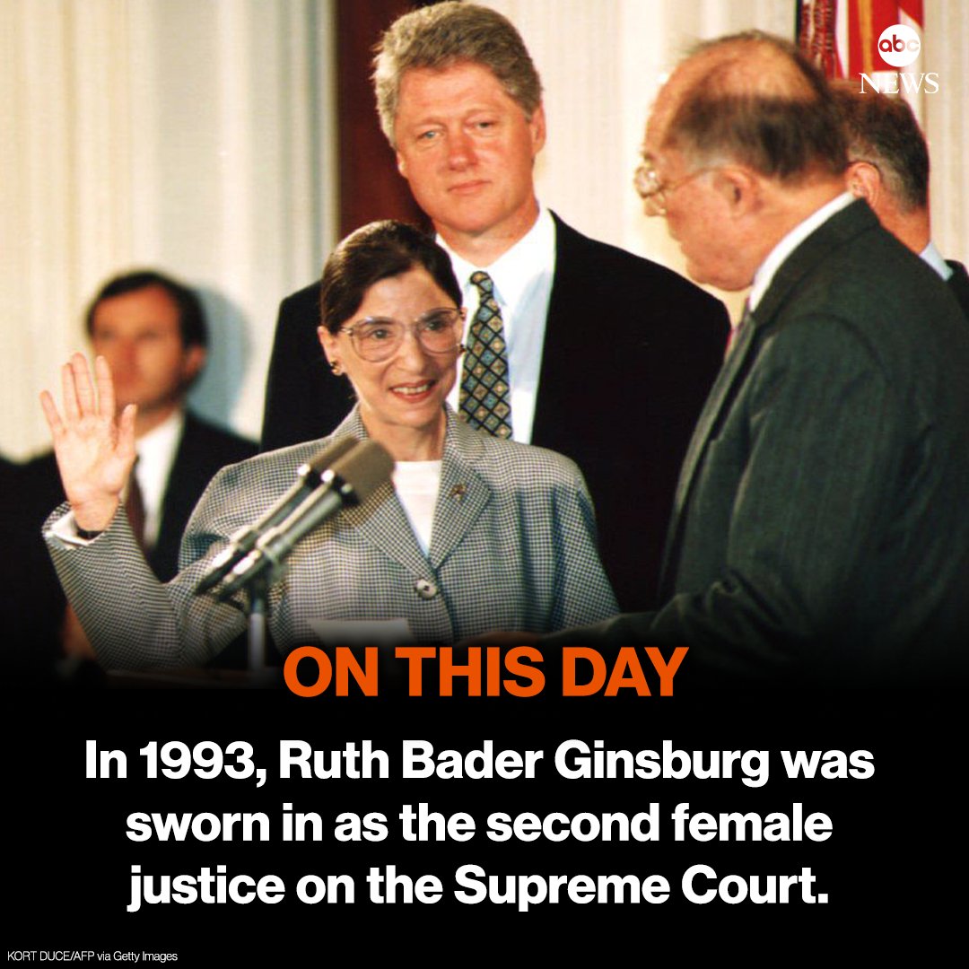 ABC's tweet photo. ON THIS DAY: In 1993, Ruth Bader Ginsburg was sworn in as the second female justice on the Supreme Court. https://t.co/cSkontIpuU https://t.co/CSsqJlPgei