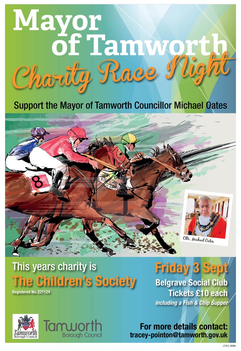 Mayor of Tamworth (@tamworthmayor) on Twitter photo 🏇Join me for a fun Charity Race Night on Friday, September 3rd at Belgrave Social Club.
Tickets are £10 and include a fish and chip supper! 🍟
Book now by emailing tracey-pointon@tamworth.gov.uk
I look forward to seeing you there! 🏇Join me for a fun Charity Race Night on Friday, September 3rd at Belgrave Social Club.
Tickets are £10 and include a fish and chip supper! 🍟
Book now by emailing tracey-pointon@tamworth.gov.uk
I look forward to seeing you there!