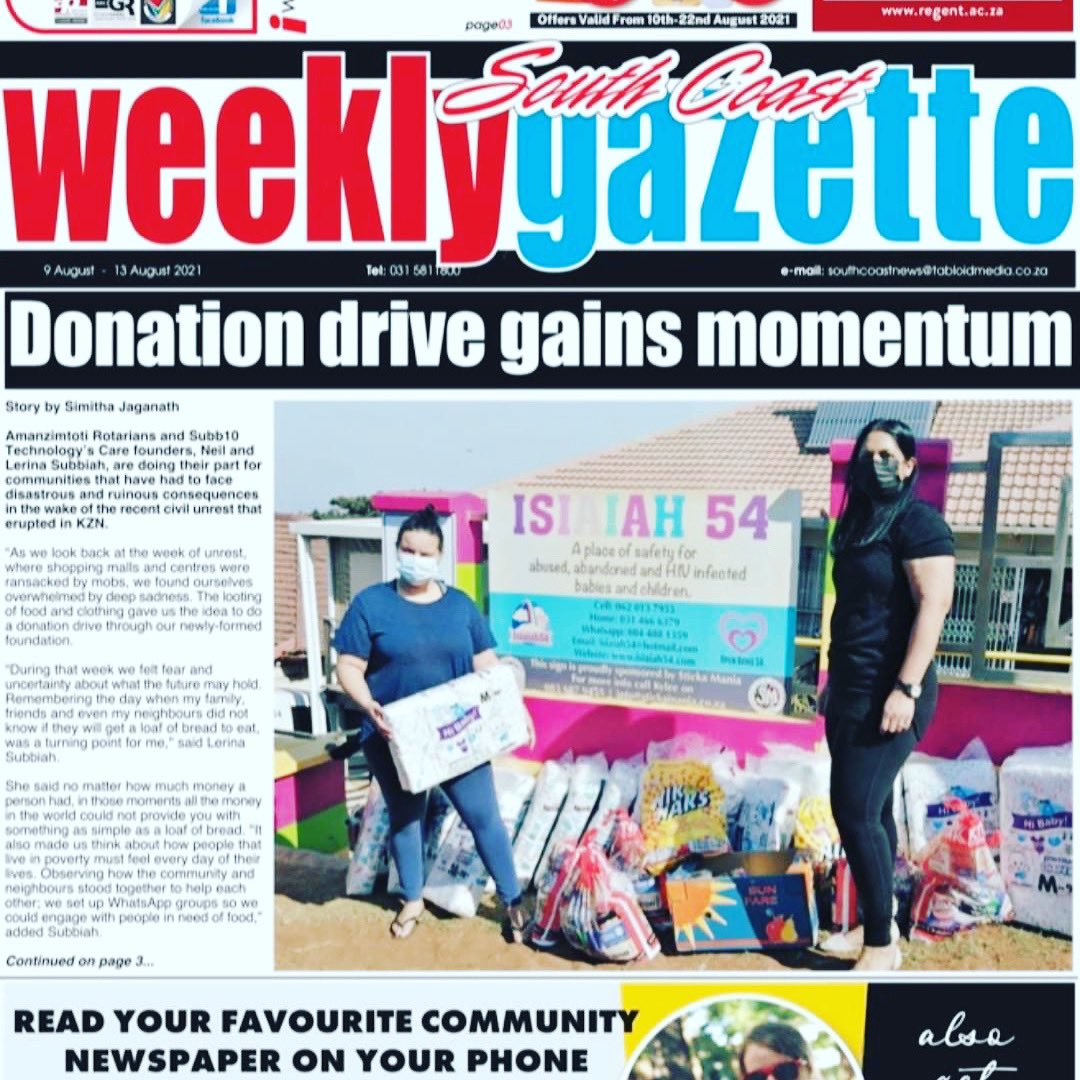 SUBB10tech's tweet photo. Amanzimtoti Rotarians and SUBB10 Technologies CARES  Founders, Neil and Lerina Subbiah, are doing their part for communities that have had to face disastrous and ruinous consequences in the wake of the recent civil unrest that erupted in KZN.
https://t.co/ys2oY1kgpT https://t.co/DCkoTZm4Qo