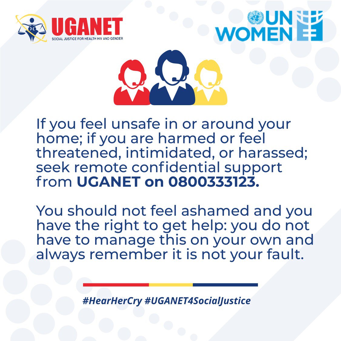 Uganetlaw's tweet photo. If you ever feel unsafe in or around your home; if you are harmed or threatened, don't hesitate to reach out for help. 

#UGANET has a 24/7 toll-free number, 0800333123 that you can call and help is availed. 

#YouAreNotAlone 
#HearHerCry
#UGANET4SocialJustice https://t.co/w7P9BiLL0F