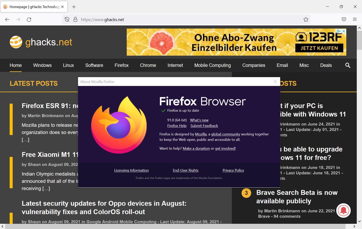 ghacks's tweet photo. Firefox 91 release overview: new ESR base, Simplified Printing, new HTTPS-First Policy #firefox #firefox91 #mozilla
https://t.co/P3j1wkprlG https://t.co/bWg0G9pswA