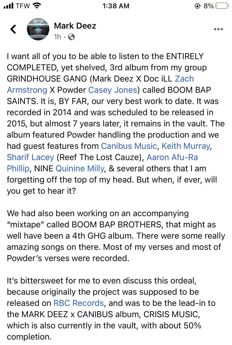 markdeez33's tweet photo. My statement regarding the last 7 years of my career, and the status of the Grindhouse Gang album Boom Bap Saints, the project Boom Bap Bros, my album w/ @DaRealCanibus CRISIS MUSIC, &amp; why all of it has been indefinitely shelved over the years. https://t.co/Ytaml0BlQp