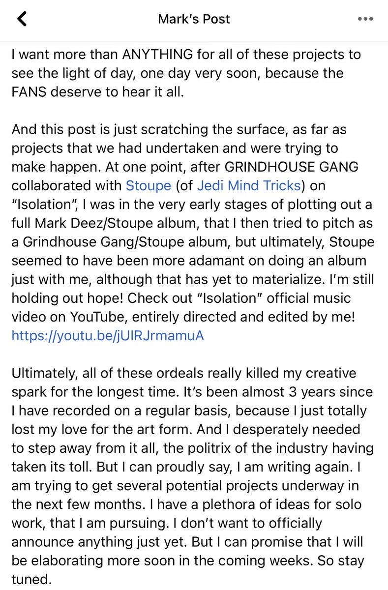 markdeez33's tweet photo. My statement regarding the last 7 years of my career, and the status of the Grindhouse Gang album Boom Bap Saints, the project Boom Bap Bros, my album w/ @DaRealCanibus CRISIS MUSIC, &amp; why all of it has been indefinitely shelved over the years. https://t.co/Ytaml0BlQp
