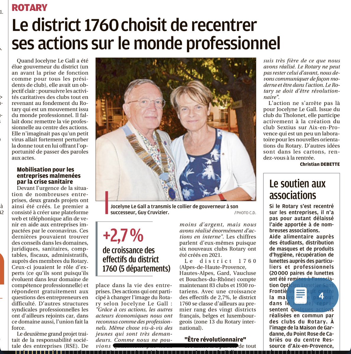 jo_legall13's tweet photo. Le Rotary en action 

Une année rotarienne inédite, basée sur l'entraide et le service. 
Des efforts collectifs, une croissance de 2,7% pour les effectifs, premier District  francophone en hausse malgré la pandémie 
Article du journal la Provence, Aix-en-Provence,09/08/21 https://t.co/LW1QMux9Za