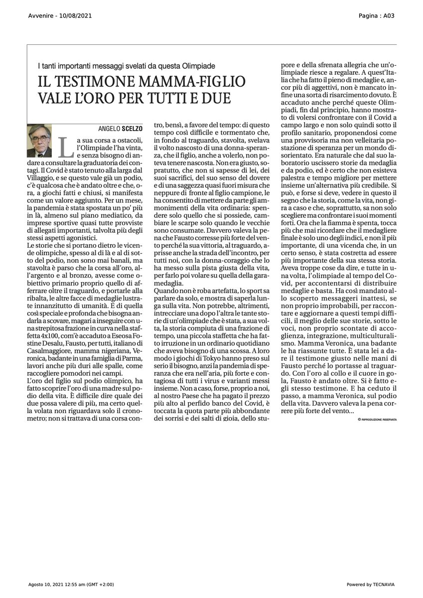 giupek1976's tweet photo. "L’oro del figlio sul podio olimpico, ha fatto scoprire l’oro di una madre sul podio della vita. È difficile dire quale dei due possa valere di più, ma certo quella volata (...) svelava il volto nascosto di una donna-speranza" (@angeloscelzo per @Avvenire_Nei di oggi) https://t.co/N9L28FyX3C