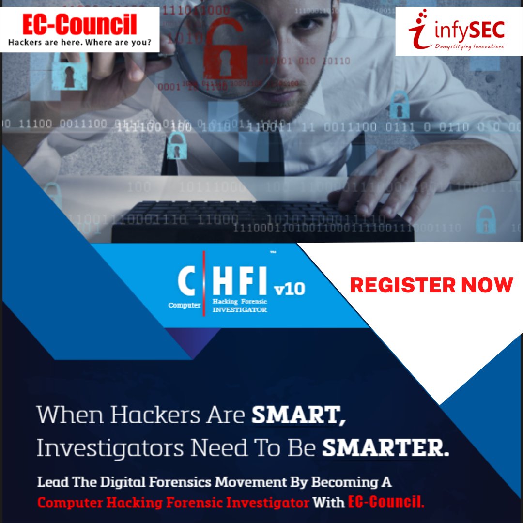 infysec's tweet photo. When Hackers are SMART, Investigators need to be SMARTER.

Register Here - https://t.co/McfNundnvu

#infysec #eccouncil #CHFI #computerforensic #hacking #learnhacking https://t.co/VNeCxLMU1s