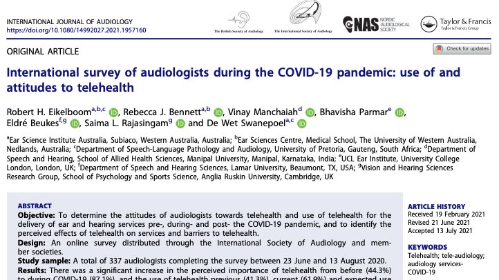 DeWet Swanepoel (@dewetswanepoel) on Twitter photo #Teleaudiology and #COVID19 - more positive attitudes and greater use in <a href="/ijaonline/">International Journal of Audiology</a> international survey #Earlyonline #openaccess paper
#telehealth #audiology #hearingloss Thank u <a href="/Audiology_ISA/">International Society of Audiology</a> for support tandfonline.com/doi/full/10.10… #Teleaudiology and #COVID19 - more positive attitudes and greater use in <a href="/ijaonline/">International Journal of Audiology</a> international survey #Earlyonline #openaccess paper
#telehealth #audiology #hearingloss Thank u <a href="/Audiology_ISA/">International Society of Audiology</a> for support tandfonline.com/doi/full/10.10…