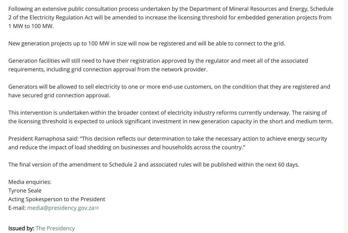 AntonEberhard's tweet photo. The 60 days given by President @CyrilRamaphosa  to energy minister @GwedeMantashe1  to publish "a final version of the amendment to Schedule 2" of the Electricity Regulation Act to exempt power projects up to 100MW from NERSA licensing expires today. 
Nothing published. https://t.co/L4fkIiiH7S