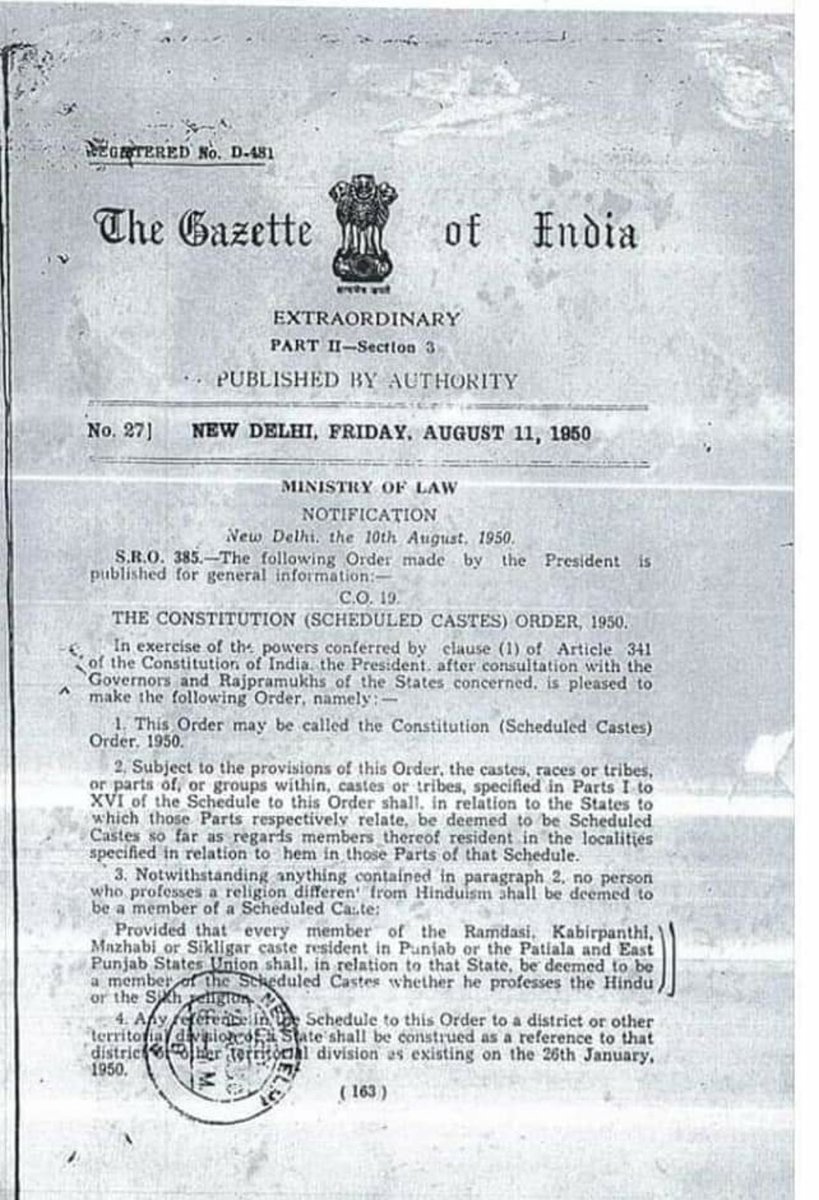 Sherkha29521248's tweet photo. 10 अगस्त 1950 को तत्कालीन राष्ट्रपति ने ये ऑर्डर, आर्टिकल 341 पर धार्मिक प्रतिबंध लगाने के लिए निकाल था। इस ऑर्डर के साथ संविधान के अनुच्छेद की फोटोकॉपी भी लगा दी है ।
#remove_article_341_3 #RemoveReligiousBanArticle341 https://t.co/9Er44kE06v