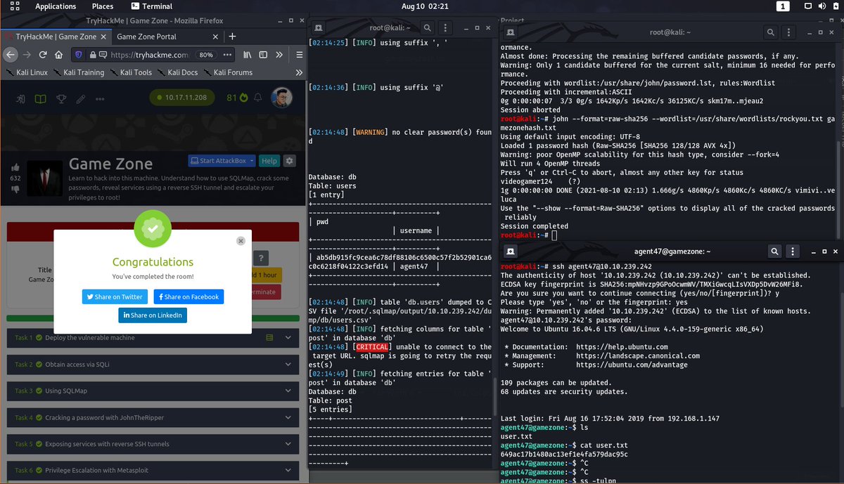 _huntsmansec's tweet image. done with GameZone! #SQLinjection #passwordcracking #SQLmap #reverseSSH #privilegeescalationwithmetasploit #capturetheflag CVE-2012-2982 #tryhackme #OSCPpathway