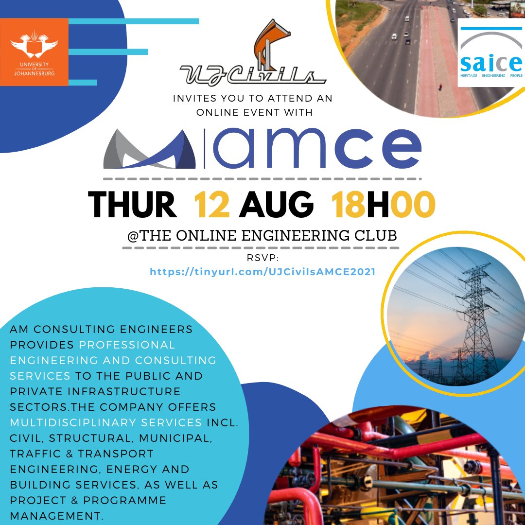UJCivil's tweet photo. Don't forget to join us this thurs, 12 Aug at 6pm for an online Industry presentation with #AMCE.
RSVP: https://t.co/5MZl9F2vJ0

AMCE is a multidisciplinary company:
#civil, #structural, #municipal,#traffic #transport #engineering, #energy #buildingservices, #projectmanagement https://t.co/fRMewIYBlm