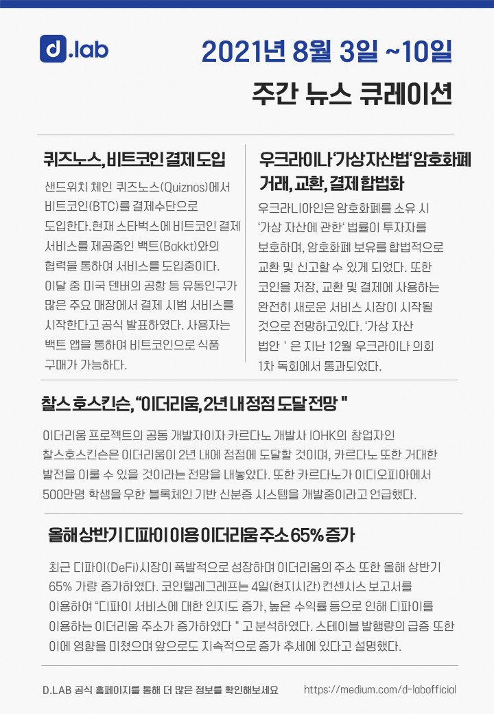 ✔ 2021년 8월 3일 ~ 10일 주간 뉴스 큐레이션🙋‍♂️
medium.com/d-labofficial/…
#crypto #bitcoin #ethereum #news #defi #cryptoasset #blockchain