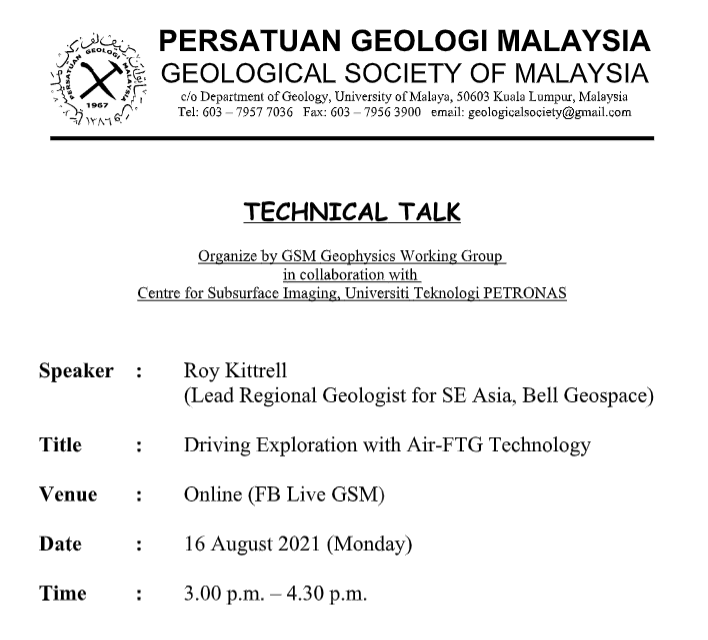 GeologistMY's tweet photo. 16 August 2021
3.00pm-4.00pm
Driving Exploration with Air-FTG Technology
Roy Kittrell https://t.co/YmfbctMwci