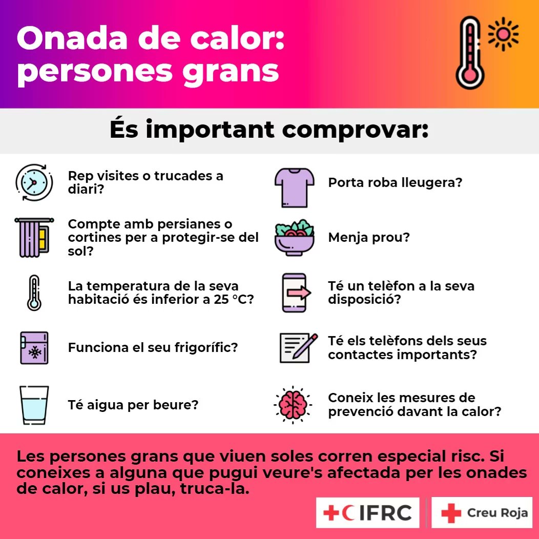 CreuRojaPlaUrge's tweet photo. Davant l'onada de calor prevista per als pròxims dies, us compartim uns consells per prevenir riscos. #24hCreuRoja #JoSócCreuRoja #CreuRojaElPladUrgell #JoSocCreuRojaElPladUrgell #SomCreuRoja #HiSomSempre #AtotArreu #ArreuXtothom #CRPladUrgell https://t.co/XBpb5yfm9S