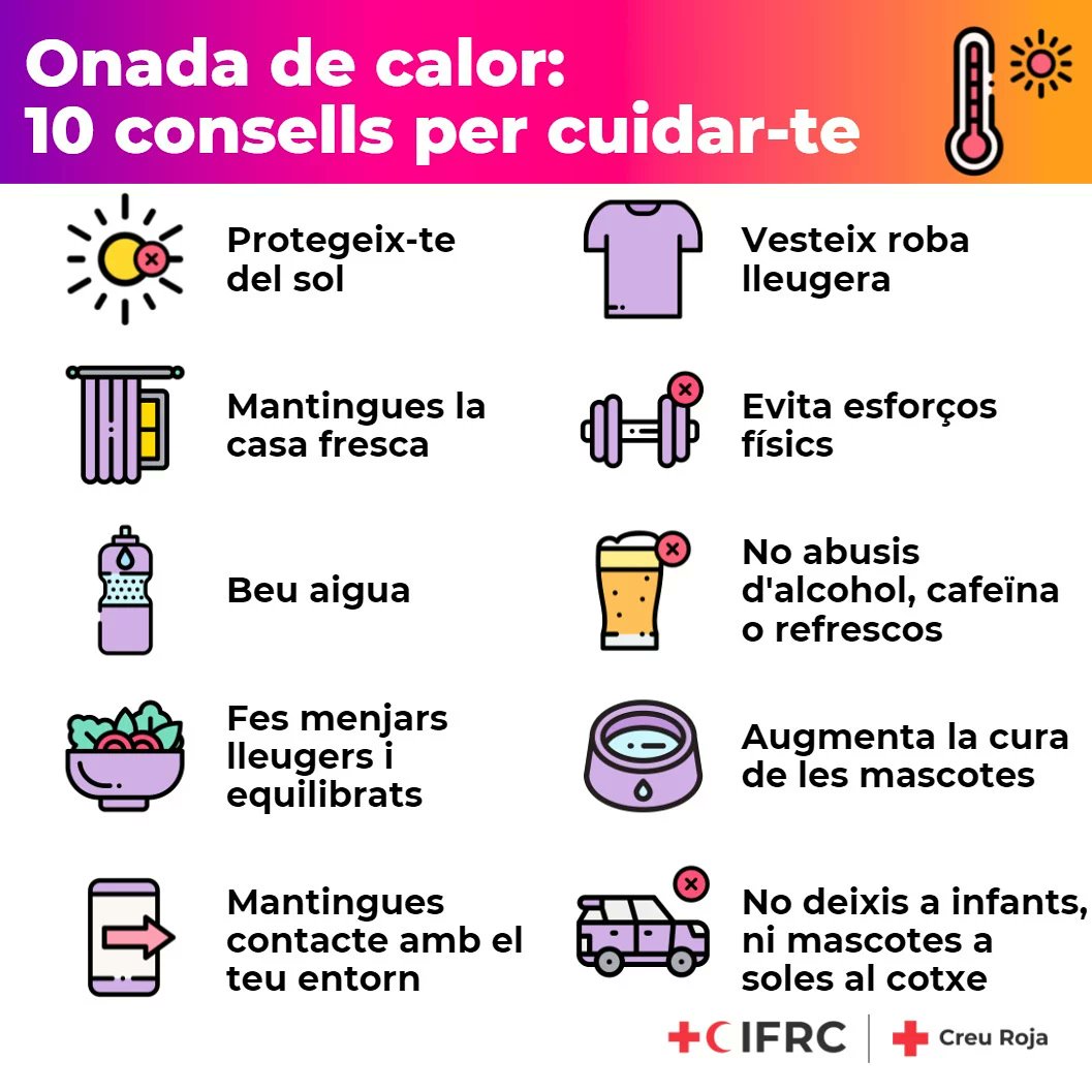 CreuRojaPlaUrge's tweet photo. Davant l'onada de calor prevista per als pròxims dies, us compartim uns consells per prevenir riscos. #24hCreuRoja #JoSócCreuRoja #CreuRojaElPladUrgell #JoSocCreuRojaElPladUrgell #SomCreuRoja #HiSomSempre #AtotArreu #ArreuXtothom #CRPladUrgell https://t.co/XBpb5yfm9S