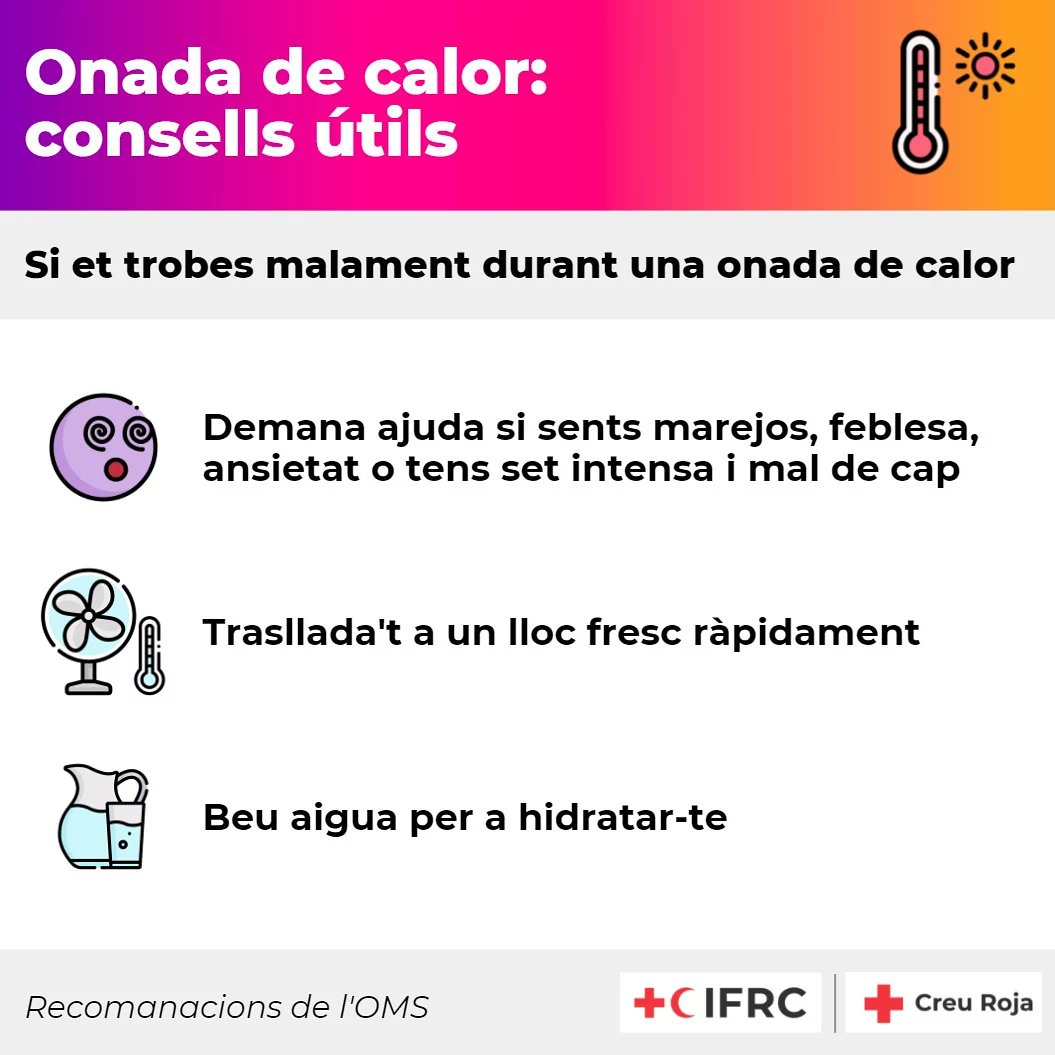 CreuRojaPlaUrge's tweet photo. Davant l'onada de calor prevista per als pròxims dies, us compartim uns consells per prevenir riscos. #24hCreuRoja #JoSócCreuRoja #CreuRojaElPladUrgell #JoSocCreuRojaElPladUrgell #SomCreuRoja #HiSomSempre #AtotArreu #ArreuXtothom #CRPladUrgell https://t.co/XBpb5yfm9S