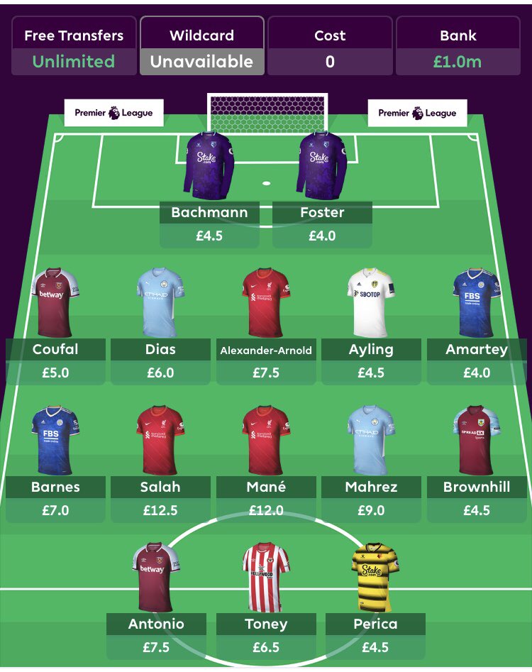 mohit28290's tweet image. Hello everyone
Football player and lover

 #fplcoffee “my first FPL season” 
Ambition to finish under 100K

What do you think of my first draft?“

£1m in bank to upgrade Mahrez to Son

#FPL #fplexperiment #fplblackbox 
#LiverpoolFC #ManUtd