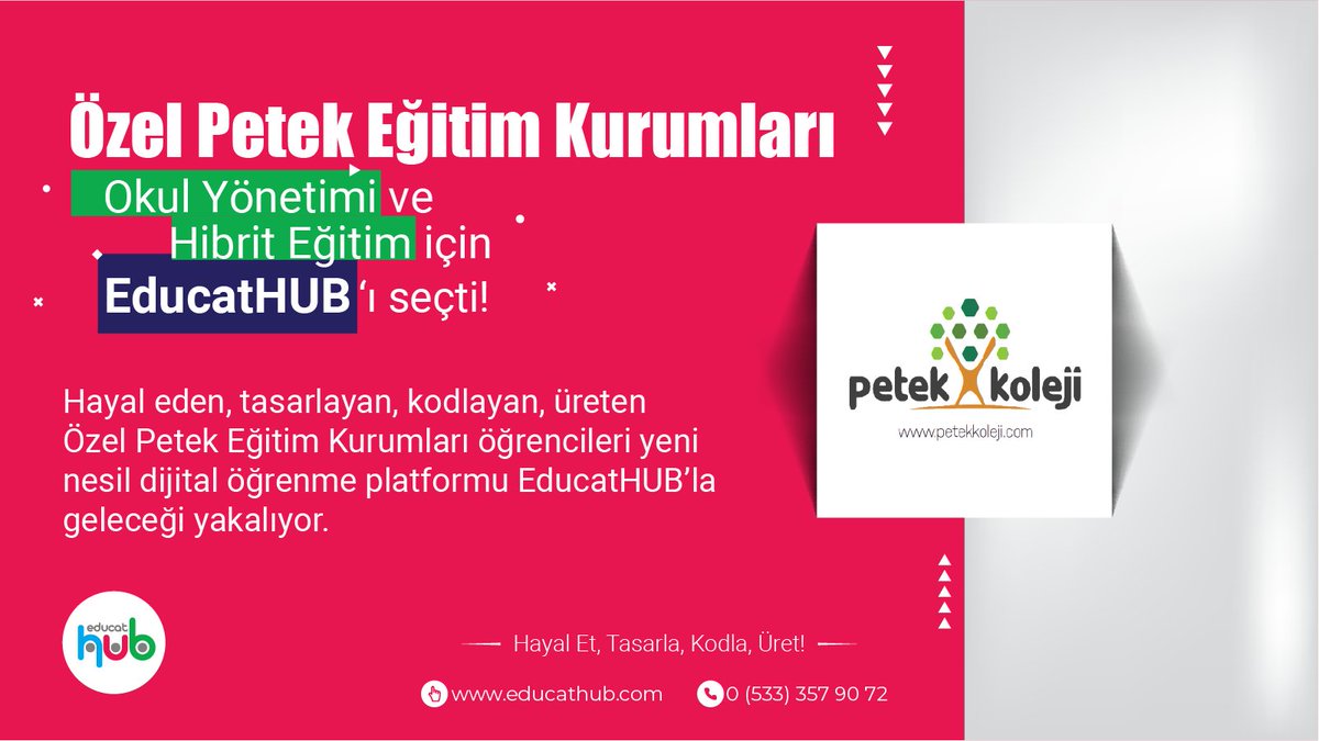 educathubcom's tweet photo. Özel Petek Eğitim Kurumları okul yönetimi, hibrit eğitim, robotik, kodlama ve STEM eğitimleri için #EduCat Ekosistemine katıldı. 

Tüm yönetimsel işlemler, hibrit eğitim modülü ve çevrim içi öğrenme programları ile @petekkoleji öğrencileri geleceği yakalıyor. https://t.co/9Cdk1jQIvu
