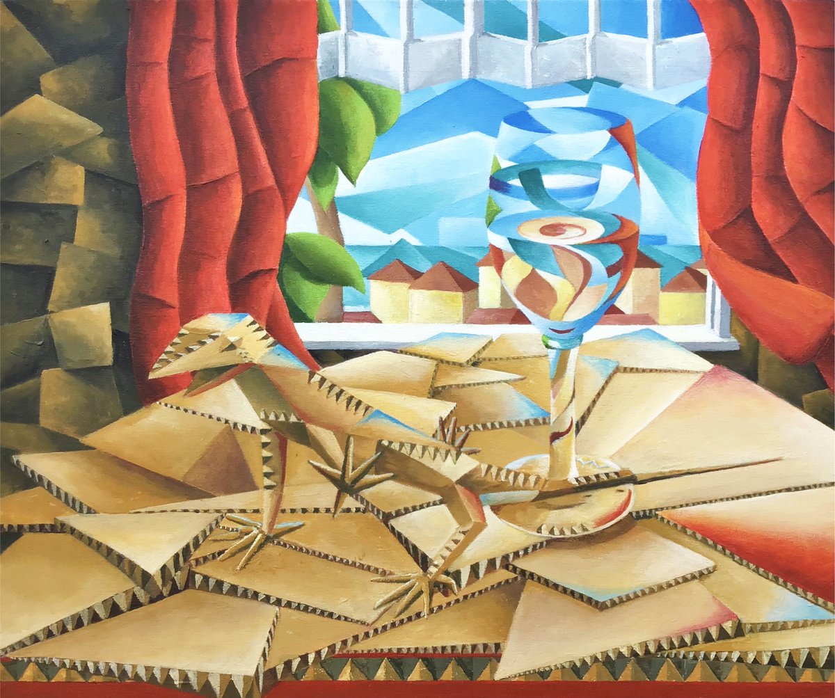 malcolmtait's tweet photo. The Gecko and a Half Glass, (Acrylic on canvas, 50 x 60 x 3.5 cm). This will be one of the new pieces in my next exhibition "Elements of Knowing and Memory" early in 2022. #cubism #halfglass #gecko #painting #contemporaryart #acrylicpainting #humancondition https://t.co/jOSrsOZSRk
