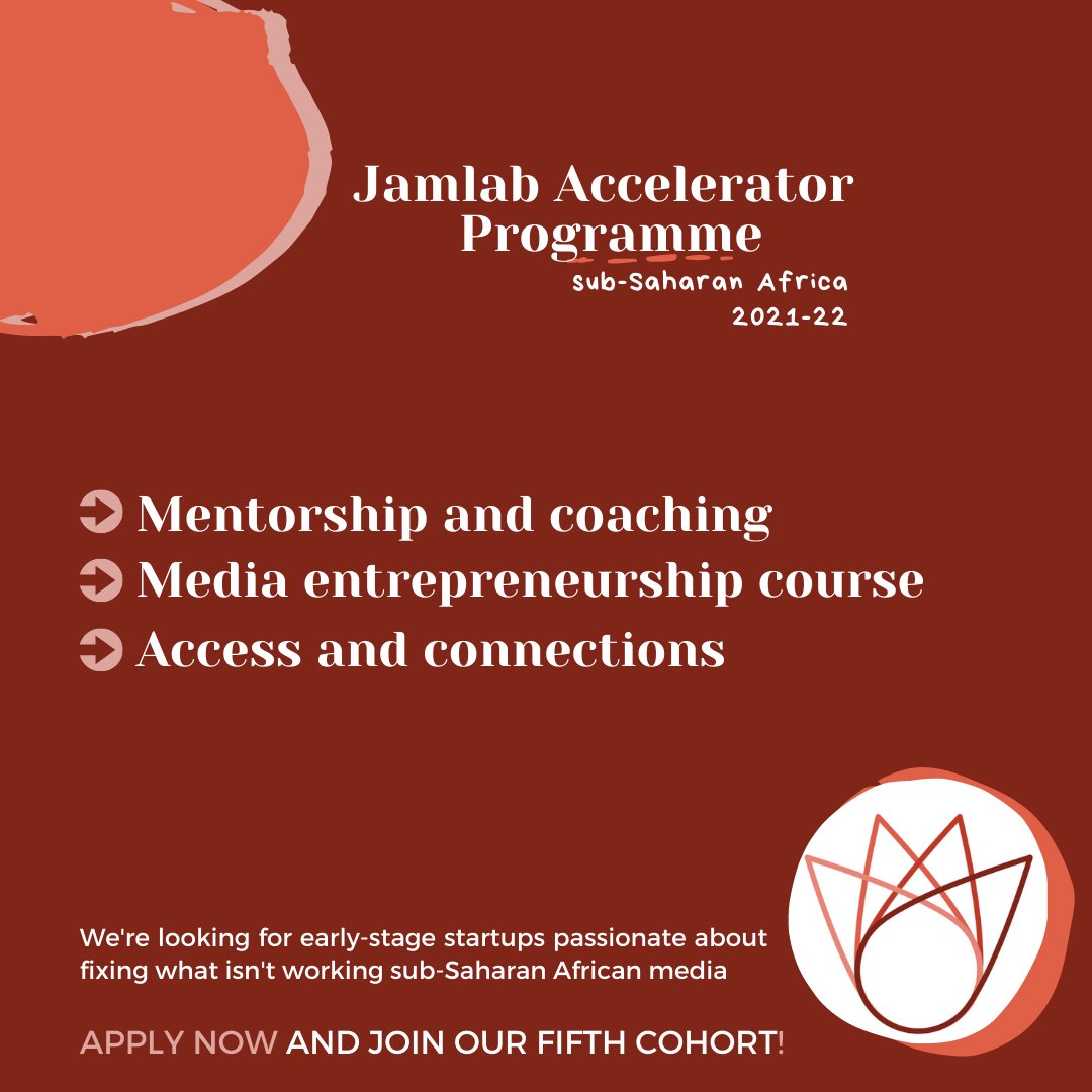 jamlabafrica's tweet photo. We are looking for committed and creative journalists and media makers who are passionate about fixing what isn’t working in sub-Saharan African media.
If this is you, apply now for the Jamlab Accelerator Programme!
Apply now: https://t.co/wKGTd6hUsz
Deadline | 13 August 2021 https://t.co/7PWmUoFZmh