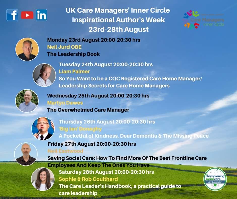 Excited to announce our Care Managers' Inner Circle Inspirational Authors week 23-28 Aug. These are some of the best guys and gals to write on or influence social care. Join me at Live@8 on the Care Managers Inner Circle with these amazing authors.
