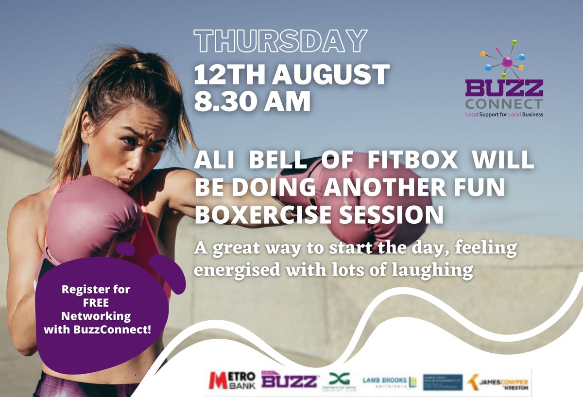 UKBuzzConnect's tweet image. ✅ Tomorrow at BuzzConnect ... Ali Bell of Fitbox will be doing another fun boxercise session!

Join @BuzzConnect this Thursday 12th August at 8.30am for FREE Business Networking. 

👉 Register here - lnkd.in/daUtqy6