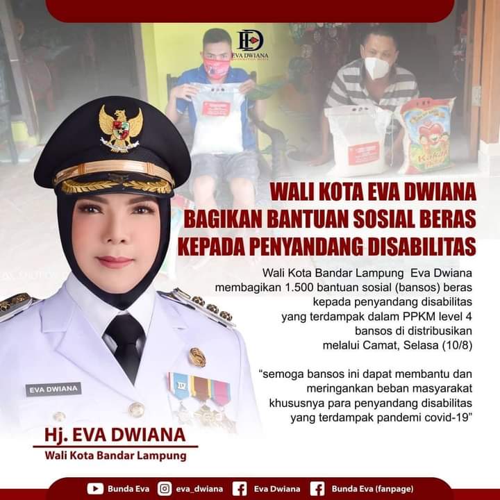 Pemkot Bandarlampung, Selasa, (10/8) mulai menyalurkan bantuan sosial berupa 10 Kg beras bagi penyandang disabilitas.

Untuk menghindari kerumunan, pembagian beras dilakukan langsung secara  dor to dor kpd penerima bantuan.

#BundaEva #EvaDwiana #WalikotaBandarLampung