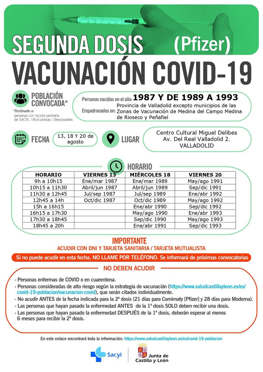 apcvalladolid's tweet photo. 📣 #VacunaValladolid #COVID19

🗣️ NUEVO LLAMAMIENTO

✅ Fecha: 12 y 17 de agosto:
👉🏼Nacidos entre 2005 y 2008; 1ª dosis

✅ Fecha: 13, 18 y 20 de agosto:
👉🏼Nacidos 1987 y entre 1989-1993; 2ª dosis

✅ Lugar: C.C Miguel Delibes (#Valladolid)

ROGAMOS MÁXIMA DIFUSIÓN🔊

Más info👇🏼 https://t.co/naXFOP1QDV
