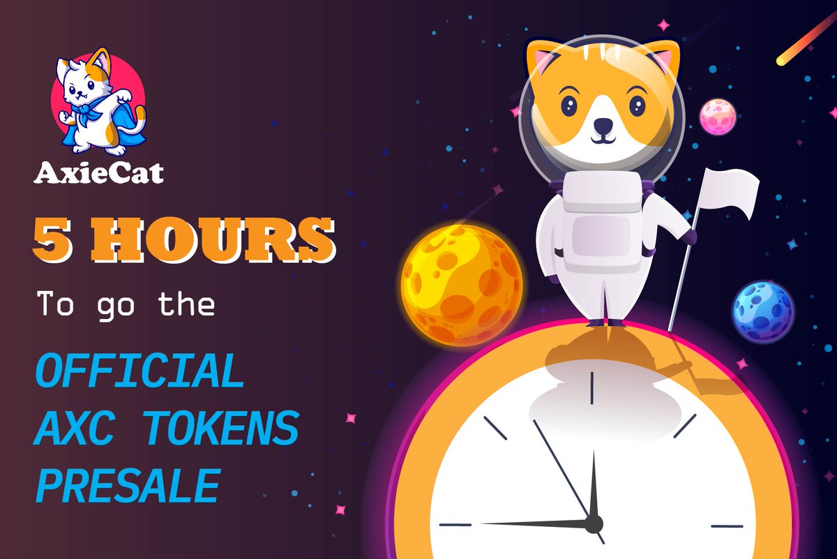 ✨ONLY 05 HOURS LEFT TO JOIN THE #AXC OFFICIAL PRESALE✨

⭐️Pre-Sale will launch at 13:00 UTC time, August 10th, 2021.🤩🤩
📢Pre-Sale link:
dxsale.app/app/v2_9/defip…