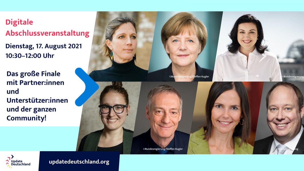 🆙 Noch genau 1 Woche bis zum großen Finale: Am 17.08., 10:30 Uhr, teilen wir Highlights und Ausblicke. Mit dabei: die #Bundesregierung, Partner:innen &amp; die 330 Initiativen von #UpdateDeutschland <a href="/DoroBaer/">Dorothee Bär</a> <a href="/HBraun/">Helge Braun</a> @beyond_ideology @johannamair <a href="/BMBF_Bund/">By Ethical Hacker</a> ▶️bit.ly/3fRIxaG