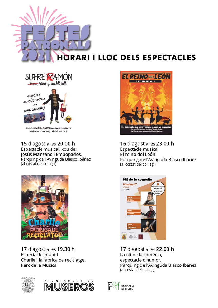 aj_museros's tweet photo. ⏰ Pel toc de queda, alguns espectacles programats han canviat d'hora. Vos deixem el cartell amb la nova hora d'inici.
#llibredefestes2021 #festes2021 #festes2021museros #ajuntamentdemuseros #museros https://t.co/DulCMNeHiZ