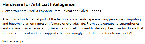 iremboybat's tweet photo. The manuscript submission deadline for our Frontiers Research Topic: Hardware for Artificial Intelligence is extended to November 30th! You can access the published articles --> https://t.co/Zkq70ptNXS
@MelikaPayvand @DrOliverRhodes Alexander Serb @FrontiersIn @FrontNeurosci https://t.co/26ERZssdmI