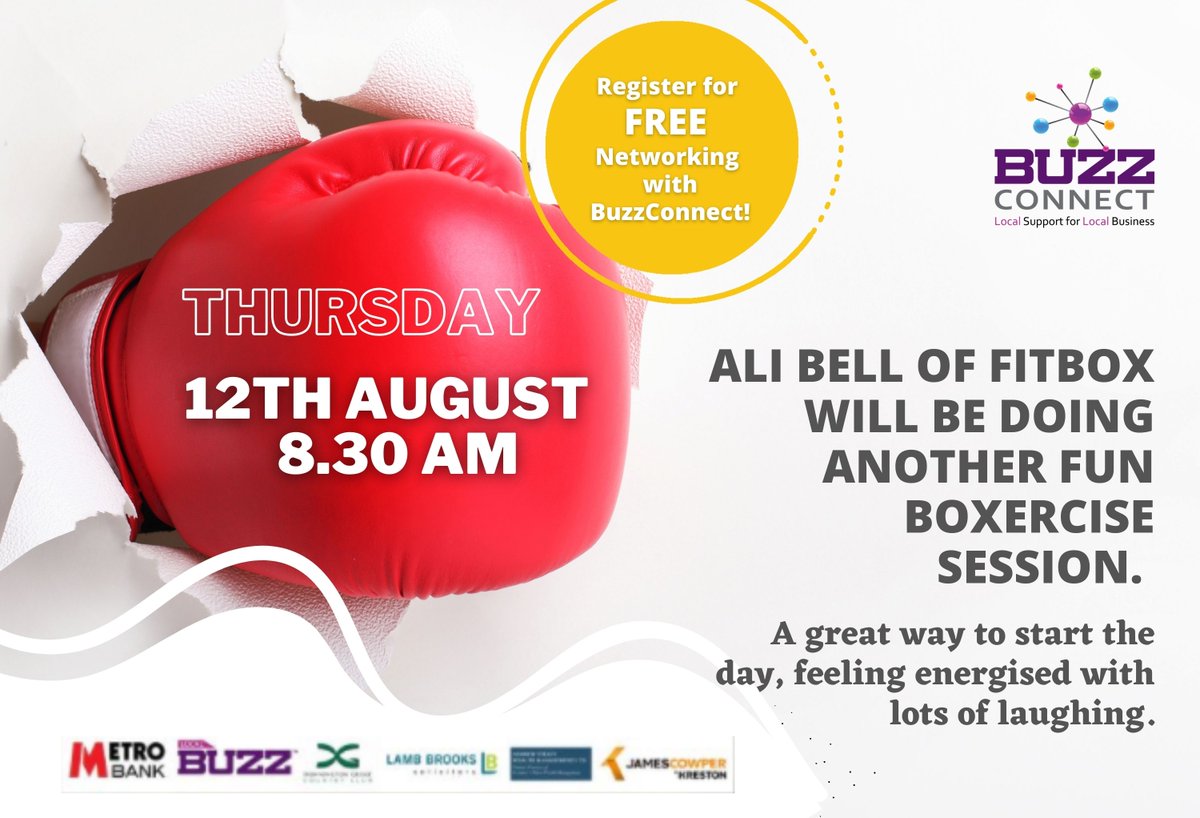 UKBuzzConnect's tweet image. ✅ Thursday at BuzzConnect ... Ali Bell of Fitbox will be doing another fun boxercise session!

Join @BuzzConnect this Thursday 12th August at 8.30am for FREE Business Networking. 

👉 Register here - lnkd.in/daUtqy6