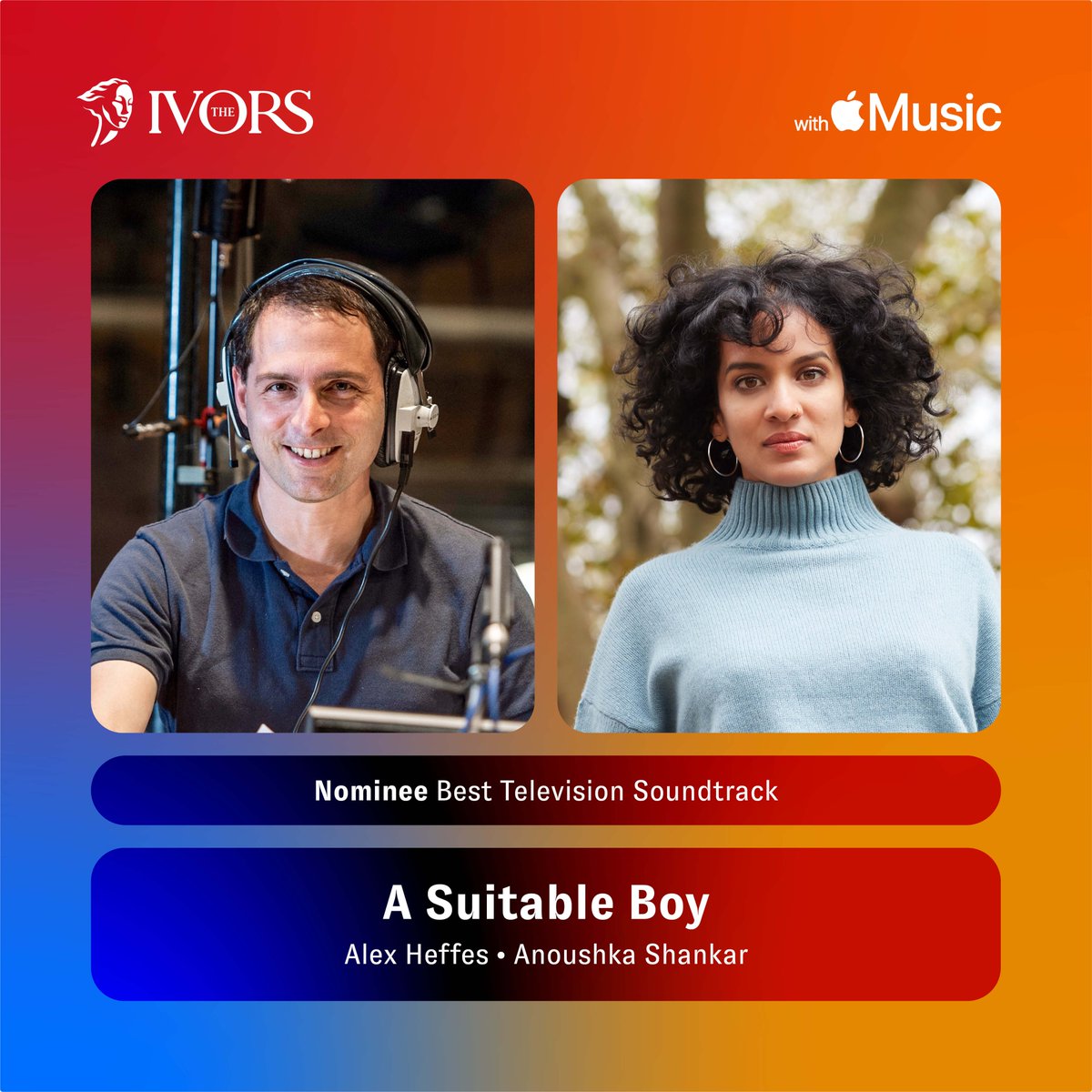 IvorsAcademy's tweet photo. 💫📺 The Ivors 2021 nomination for BEST TELEVISION SOUNDTRACK 📺💫

A Suitable Boy written by Alex Heffes and @ShankarAnoushka

#TheIvors https://t.co/tMCeYf4EJ7