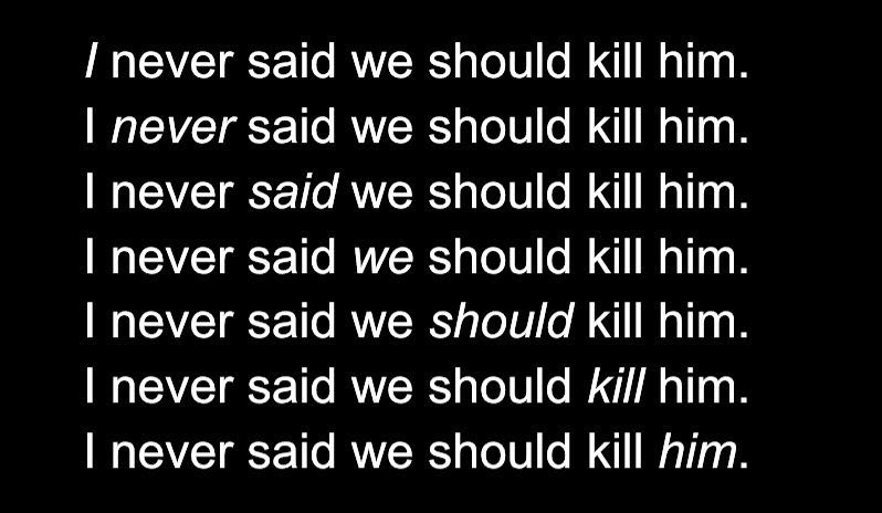 TIL the importance of proper italicized word placement.

1. Not my fault
2. I didn’t suggest this
3. Stop putting words in my mouth
4. I thought we’re going to hire a hitman
5. Just because we could isn’t a good excuse
6. I suggested we rough him up
7. You killed the wrong person