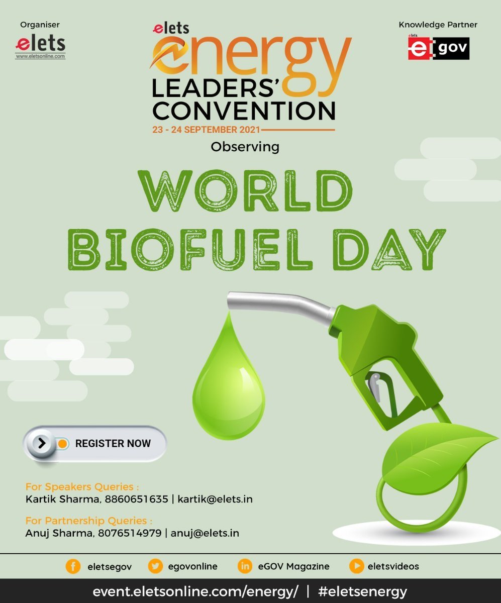 egovonline's tweet photo. On the occasion of #worldbiofuelday, @eletsonline invites you to join Elets Energy Leaders' Convention on 23-23 Sept and watch esteemed speakers deliberate on India's transforming #power sector with #technology & #innovation.
Register here: https://t.co/peNN0VVGs3
#eletsenergy https://t.co/0kMtbwcgr8