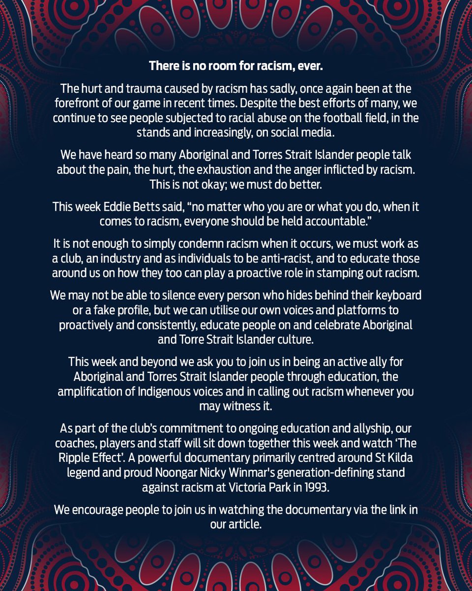 The Melbourne Football Club has released the following statement in response to racist social media posts directed at one of its players following Monday night’s game at Optus Stadium. 

📝: mfcde.es/2VFa1tn